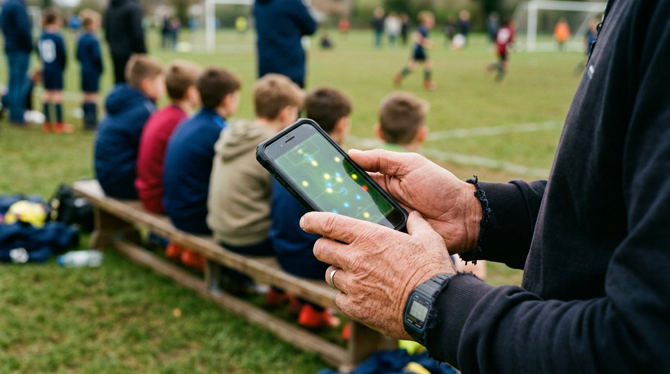Coach following the match with MatchDay on the phone